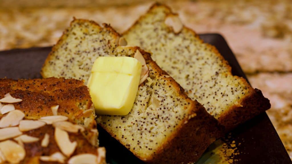 Keto Almond Poppyseed Bread Slices Wide Closeup