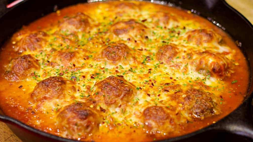 Mozzarella Stuffed Meatballs in a Pan