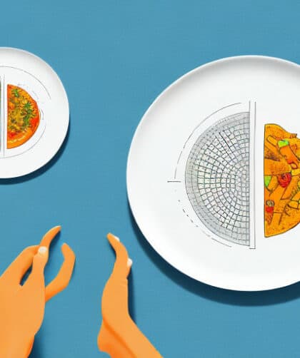 A scale with a plate of food on one side and an empty plate on the other