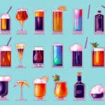 Seven alcoholic drinks with different colors and garnishes
