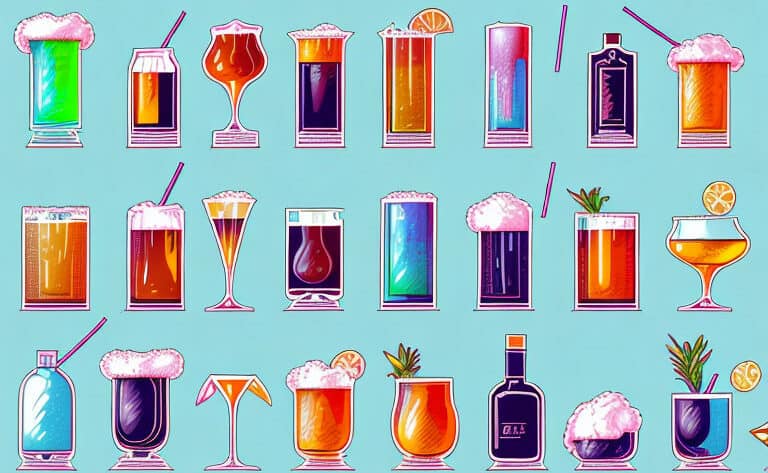Seven alcoholic drinks with different colors and garnishes